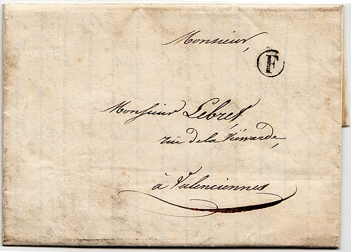 1837 : Lettre mise dans la boite du village d'HAVELUY dépendant du bureau de VALENCIENNES.
