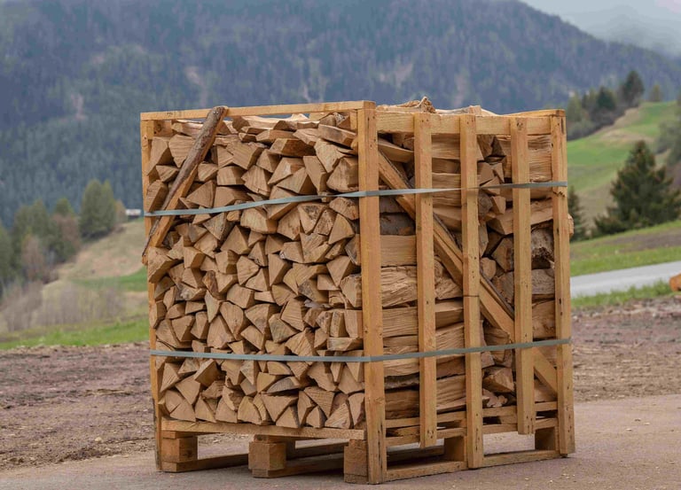 ein Raummeter voll mit kaminholz, scheitholz, 1m³, qubik meter, festmeter, auf einer palette lärche
