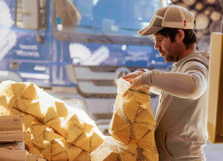 Ein Arbeiter füllt in einer Werkstatt Anzündholz in Netzbeutel vor einem LKW,.