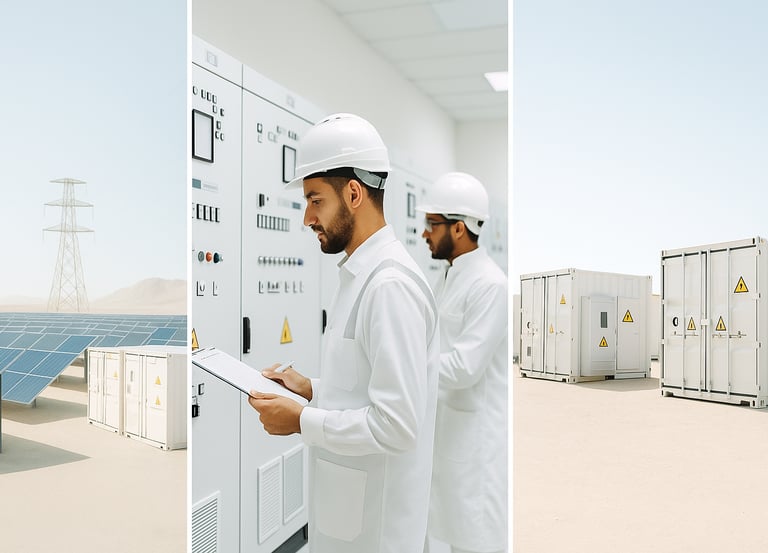 riptych: utility-scale solar PV, bright substation control room with engineers, and BESS containers in clear daylight (Oman/G