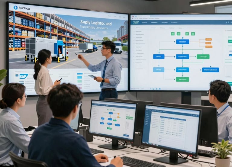 A confident SAP consultant discussing supply chain solutions with a client in a modern office.