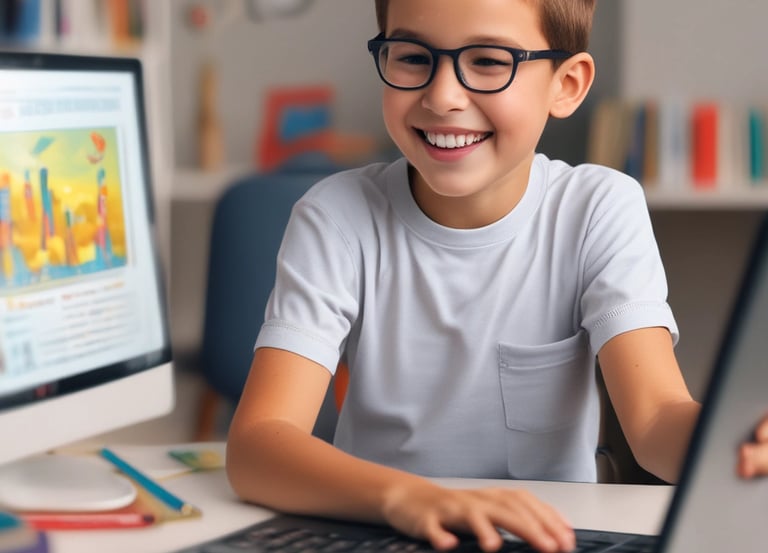 a young boy sitting at a desk with a laptop computer