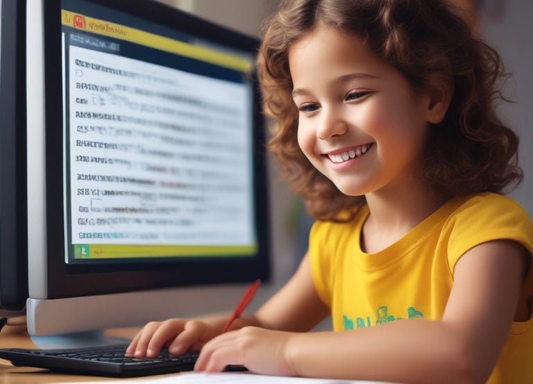 a young girl smiling and holding a pen and writing on a paper