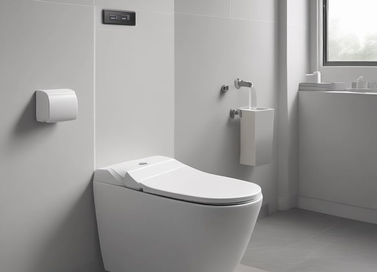 A sleek bathroom showcasing a high-tech toilet with illuminated controls and a soft-close lid.