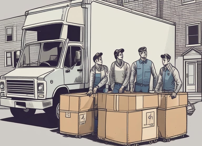 A moving truck parked outside a house with boxes ready for loading.