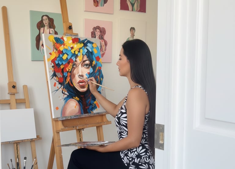 Artista pintando un retrato contemporáneo a mano sobre lienzo en su estudio en Colombia.