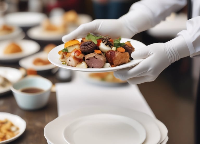 A person wearing a hairnet and dark polo shirt stands at a catering setup, lifting the lid of a chafing dish. Plates are stacked in the background, and the setting appears to be a professional or formal food service environment.
