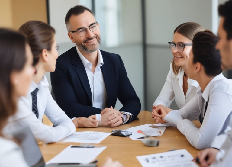 A diverse group of professionals engaging in a collaborative discussion.