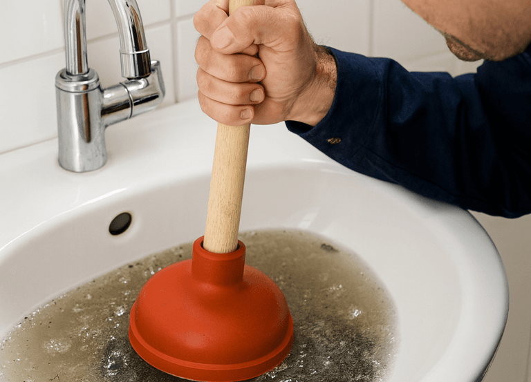 a man in a blue shirt is holding a plunger