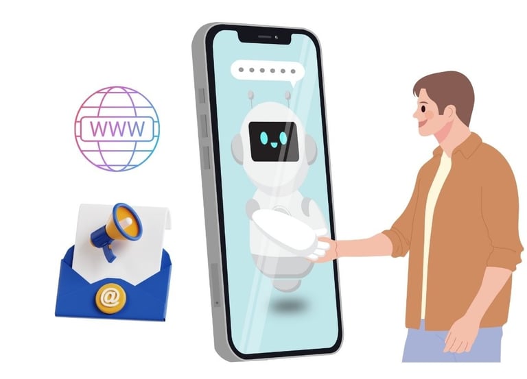 Chatbot virtual saludando a un usuario a través de un teléfono móvil,, representando soluciones