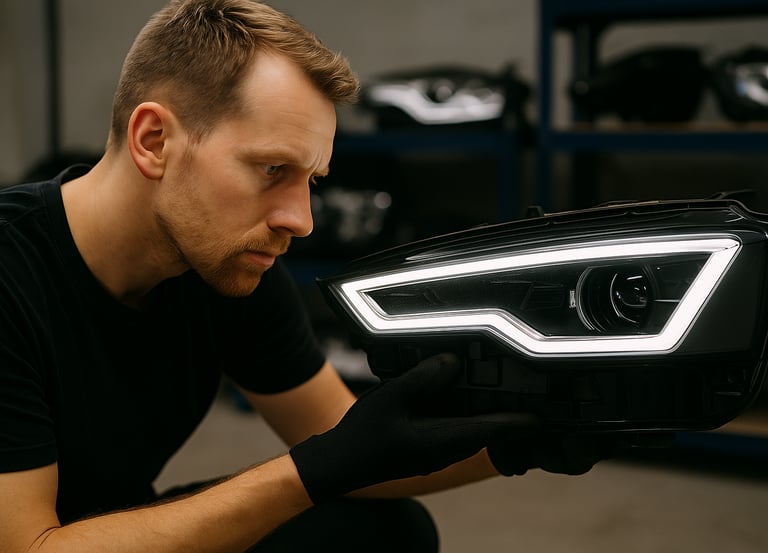 Dalys žibintams, žibintų stiklai, žibintų korpusai, lempų stiklai, lemputės, xenon blokeliai.