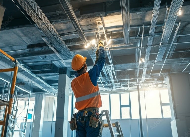 A commercial electrician in Abilene running led lights in a metal frame building