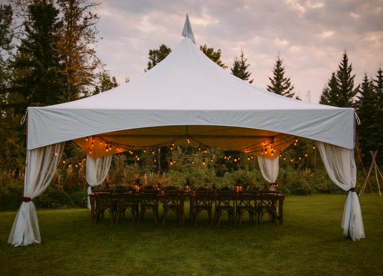 Carpa 20x20 en el patio de una casa, adornada con luces, sillas, mesas