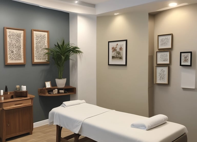 A serene spa room with massage table and soft natural lighting.
