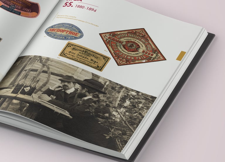 Book design. You can see beer labels, and old photo of two man drinking beer. 
