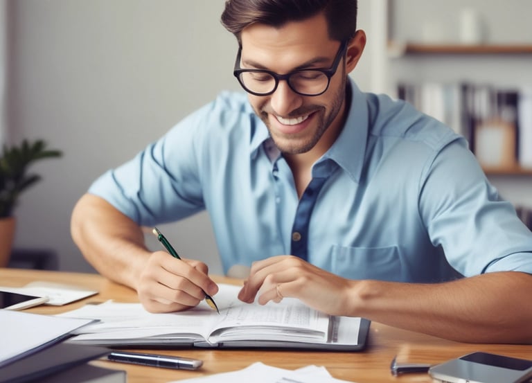 A smartphone displaying a Shopify webpage with the text 'Start your business' rests on a white surface. Next to it lies a closed notebook with geometric shapes on its cover and a sharpened pencil. A small succulent plant is visible in the top left corner.