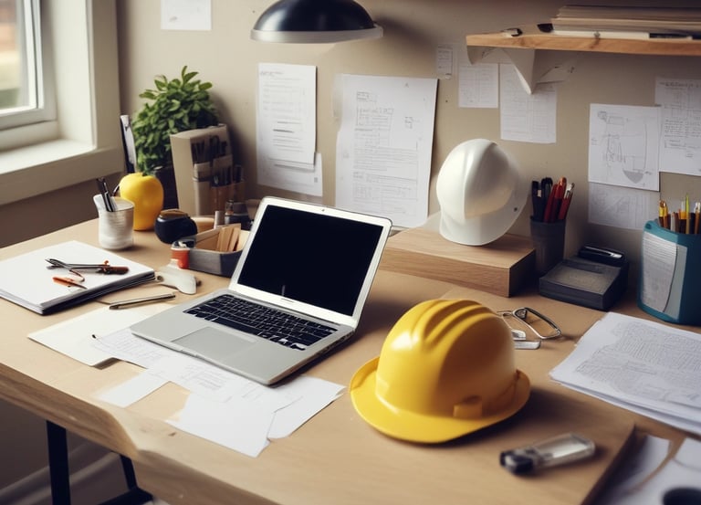 Contractor's office desk with a laptop, architectural blueprints, and yellow safety hard hats.