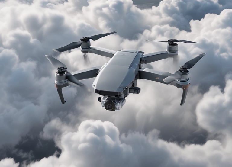 Aerial view of a drone capturing mapping data over a landscape.