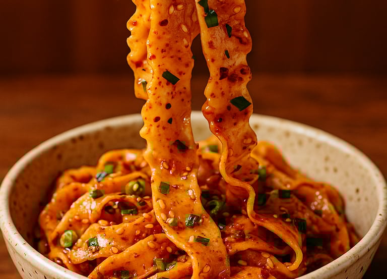 Close-up of handmade Biang Biang Mian noodles