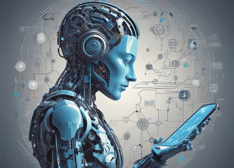 A futuristic and digital-themed image features a stylized circuit board with the words 'Open AI' in bold, glowing letters. Above it is a design that resembles an AI or robot face with neon accents. The background consists of a network of interconnected blue lines and nodes, suggesting themes of technology and connectivity.