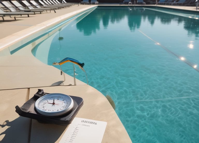 a clock on a table next to a pool