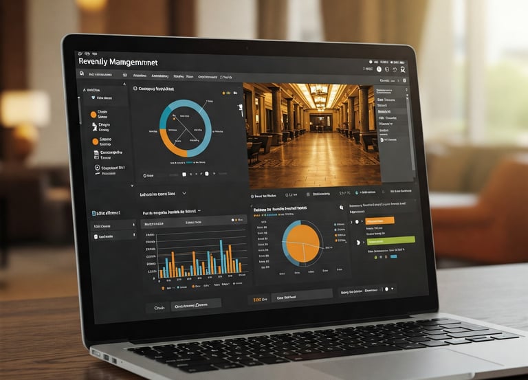 Consultora y hotelero analizando gráficos 3D de precios dinámicos y alertas de demanda en pantalla holográfica
