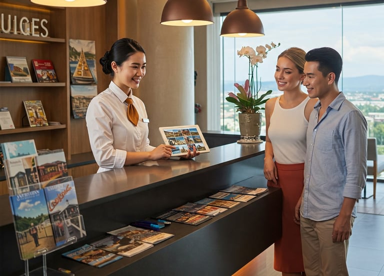 Concierge mostrando itinerario personalizado a huéspedes en recepción de hotel boutique con maleta vintage y flores