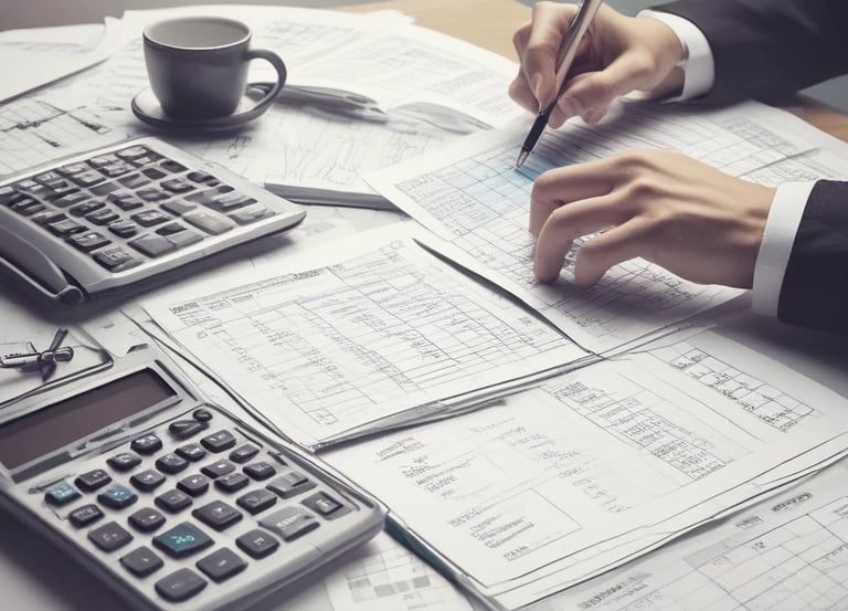 The scene includes a dimly lit workspace with a focus on tax-related documents, a pen, and a mug. The documents are prominently featured on the table, indicating a financial or tax preparation setting.