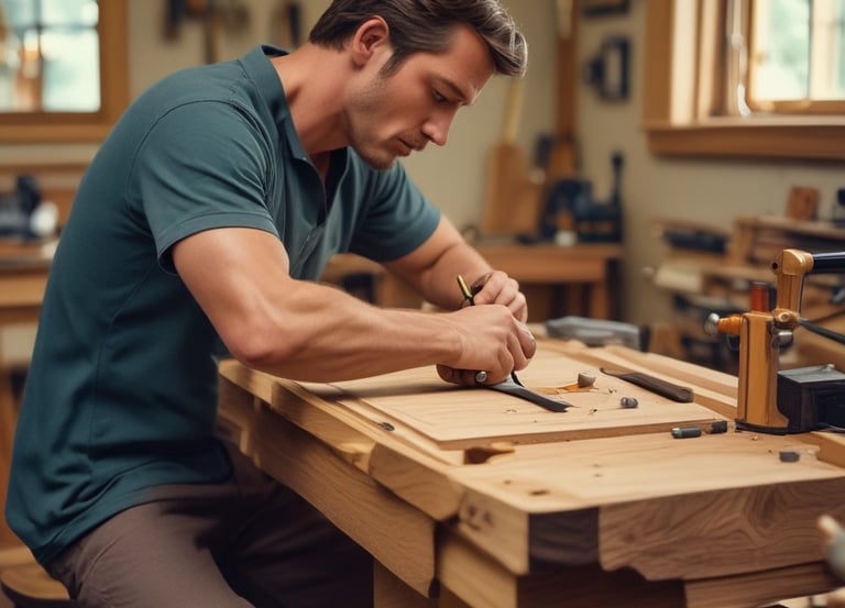 A craftsman carefully sanding a wooden cabinet in a warm, earthy-toned workshop.