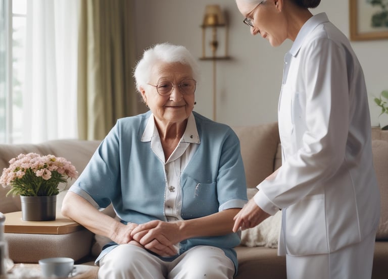 A healthcare professional is administering a vaccine to a young child while a woman, possibly the child's mother, holds the child on her lap. The child is focused on the procedure, and the healthcare provider is smiling, wearing a shirt with colorful heart patterns.