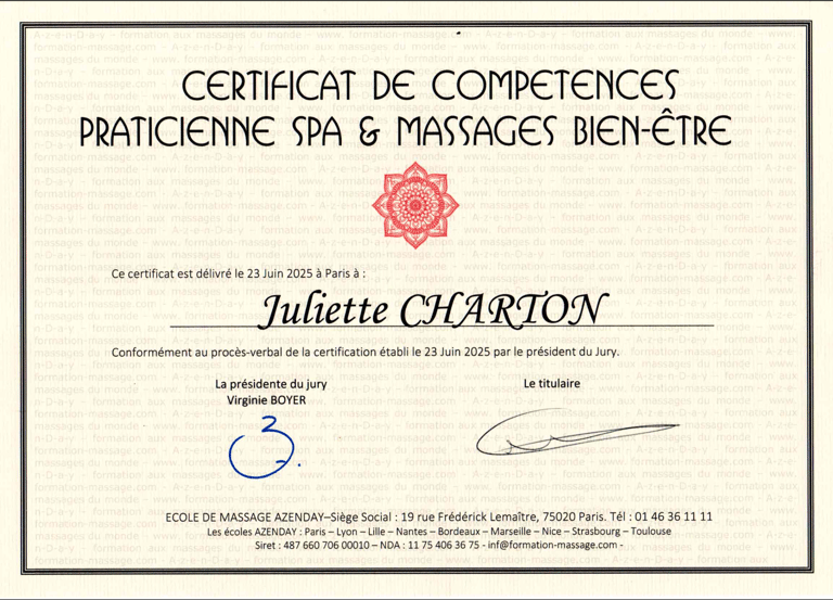 Certificat de compétences – praticienne spa & massages bien-être, Juliette Charton