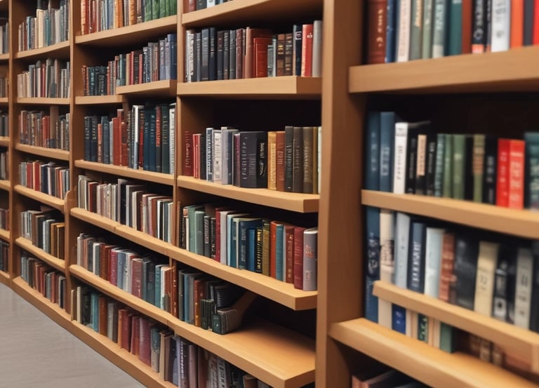 A collection of books and magazines is displayed, each with unique cover art and typography. Some covers feature historical illustrations, while others show text in various languages. The image is in black and white, enhancing the vintage and classic appearance of the publications.
