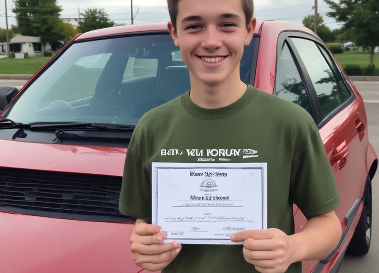 A smiling teen holding a learner's permit with a car in the background.
