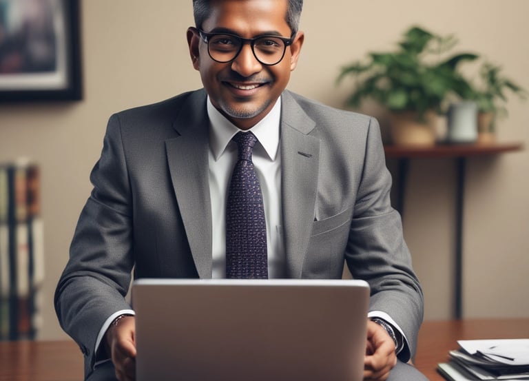 A friendly consultant speaking with a client over a video call in a cozy home office.