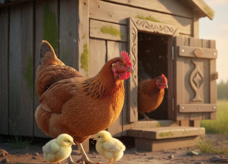 a chicken coop with chickens and chicks in a coop