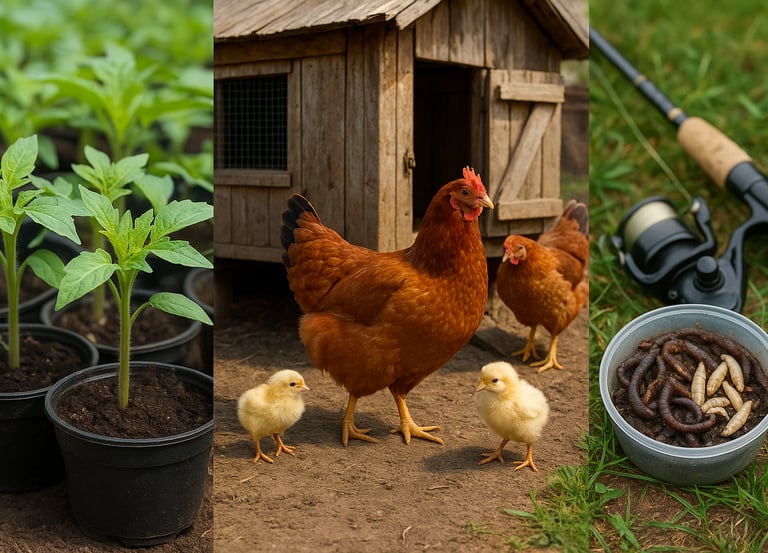 a chicken coop with chickens and a chicken in a garden