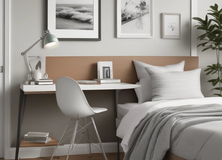 A cozy, well-decorated room with a study desk and comfortable bedding.