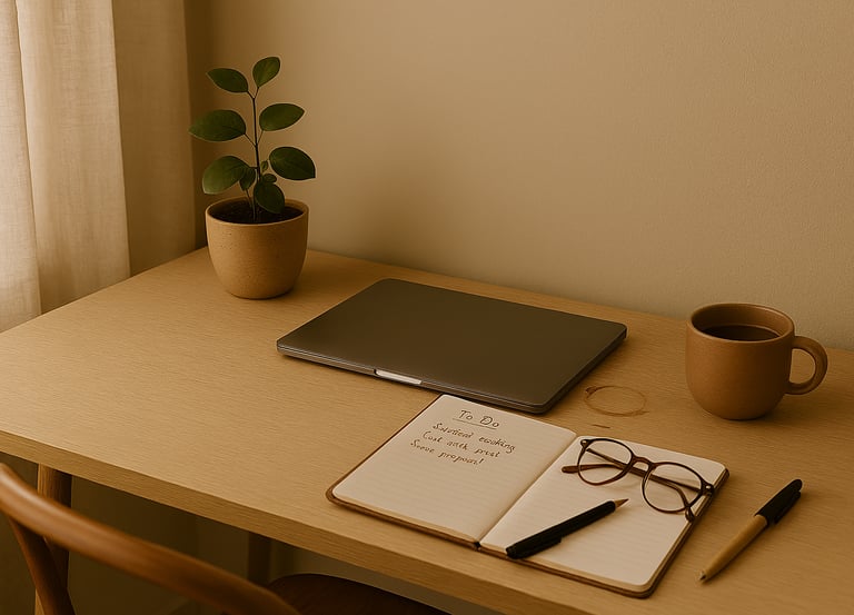 organized desk with closed laptop, open notebook, mug, plant, and pens