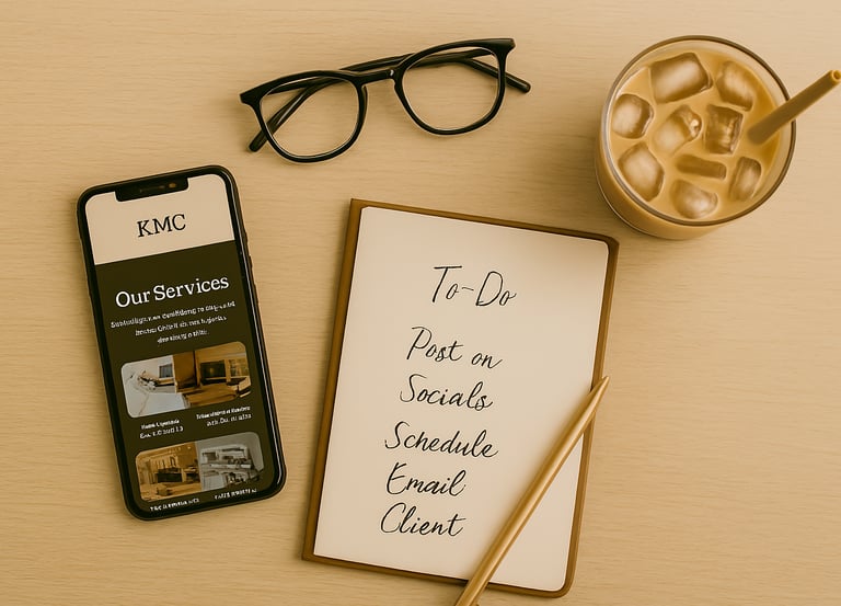 “Workspace with smartphone showing KMC services, to-do list notebook, iced coffee, and eyeglasses
