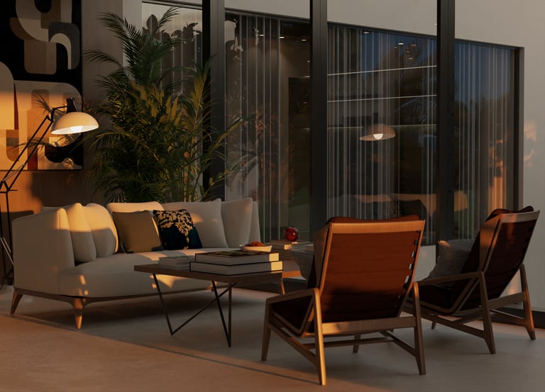 Contemporary villa living room design by Moori Interiors