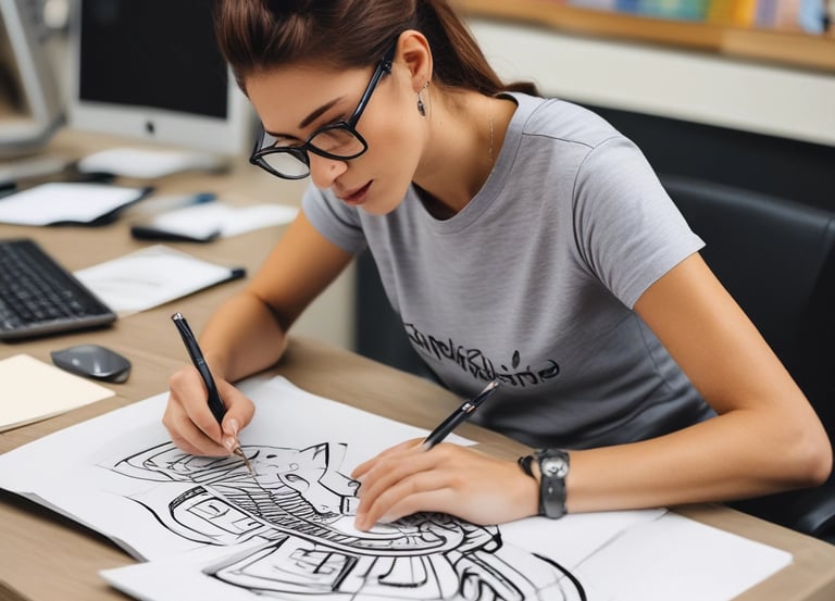 A computer monitor displays a graphic design software interface, specifically Adobe Photoshop CC 2018. The screen shows a digital webpage layout with various sections, featuring vibrant and colorful graphics. In the foreground, a desk with a notebook and some handwritten notes is visible, while another partially visible screen displays a scenic green landscape.