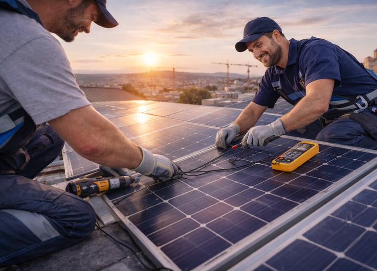 two men working on solar panels on a roof