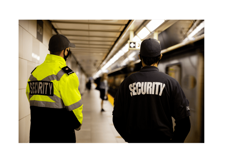 two security officers standing in a subway station