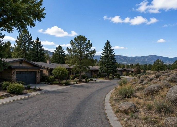 established residential street in Rockrimmon Colorado Springs showing mid century homes backing onto natural open space