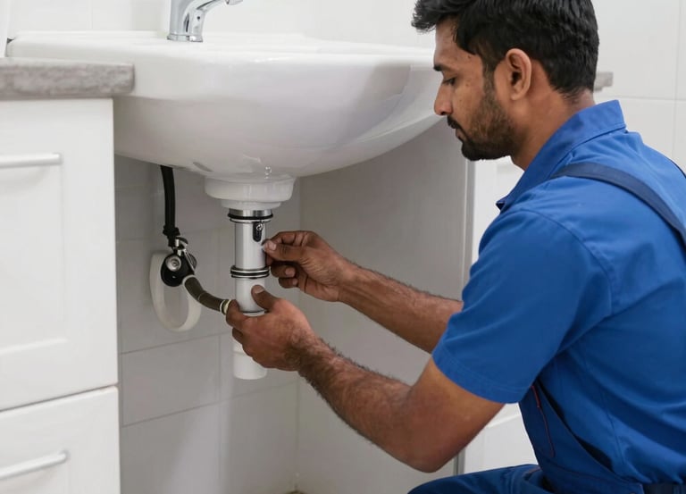 A friendly plumber in uniform inspecting a modern bathroom installation with a homeowner.