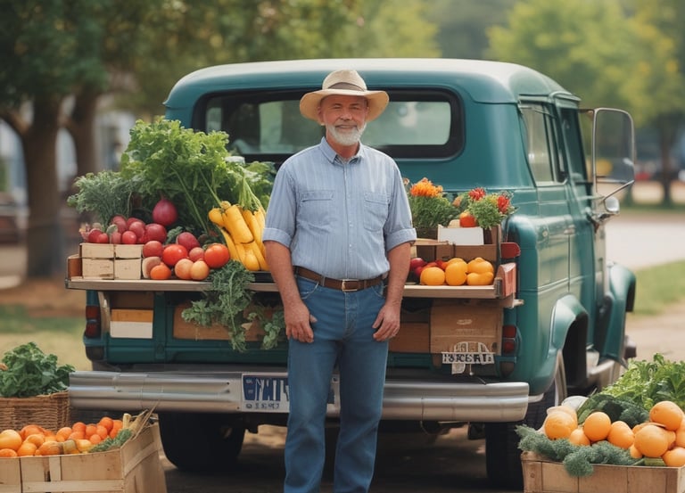 A friendly farmer handing a basket of fresh vegetables to a smiling customer at a farm gate.