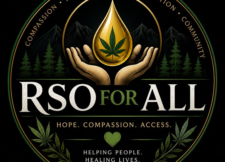 RSO For All logo featuring a golden cannabis oil drop held by hands against a mountain background.