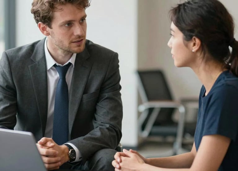 A confident coach guiding a client through a leadership strategy session in a bright office.
