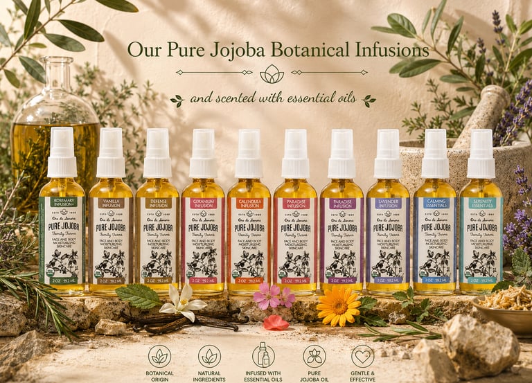 A row of Pure Jojoba botanical infusion skincare oils with essential oils and fresh herbal ingredients.