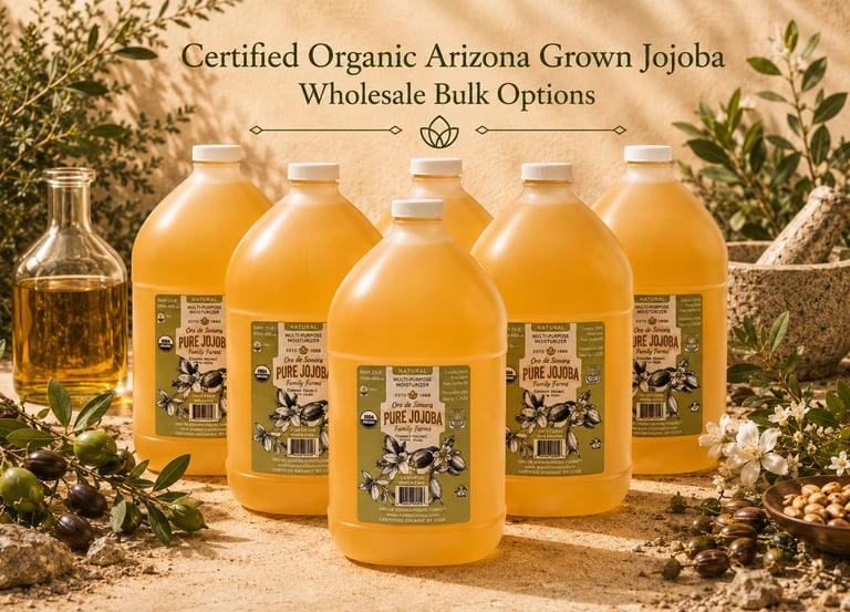 Six large jugs of certified organic pure jojoba oil for wholesale bulk purchase in Arizona.